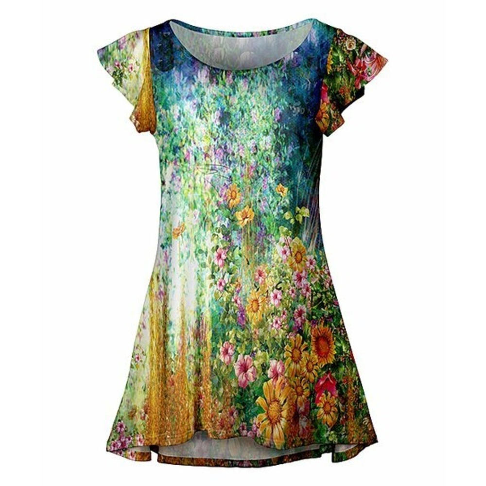 Lily Top Yellow & Below Impressionist Floral Flutter Sleeve Tunic Size L 12/14